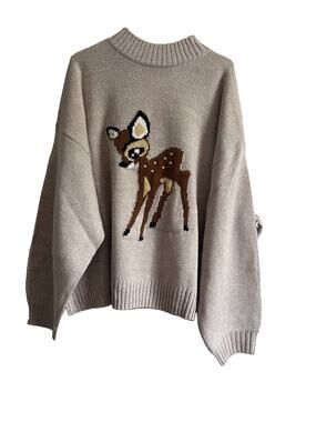 Disney Bambi Sweater Women’s 1X Beige Mock Neck Oversize Knit Pullover Woodland